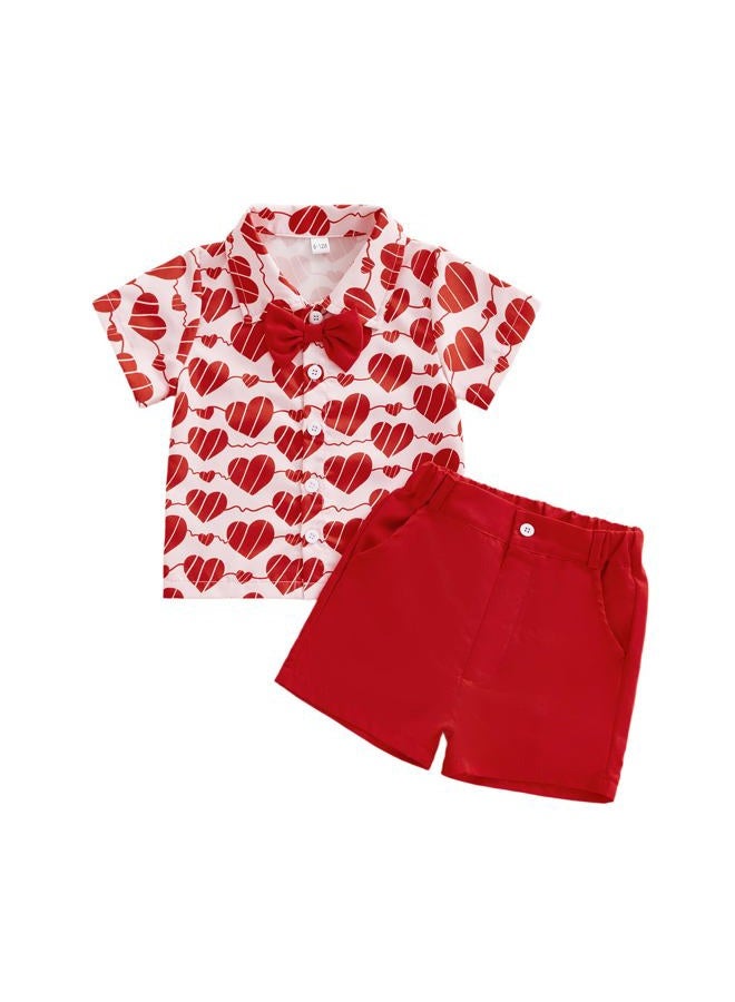 Thorn Tree Toddler Boy Valentines Day Outfit Bow Tie Short Sleeve Shirt Baby Shorts Gentleman Suit Valentines Clothes, Red, 3-4 years - Image 1