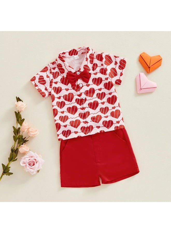 Thorn Tree Toddler Boy Valentines Day Outfit Bow Tie Short Sleeve Shirt Baby Shorts Gentleman Suit Valentines Clothes, Red, 3-4 years - Image 3