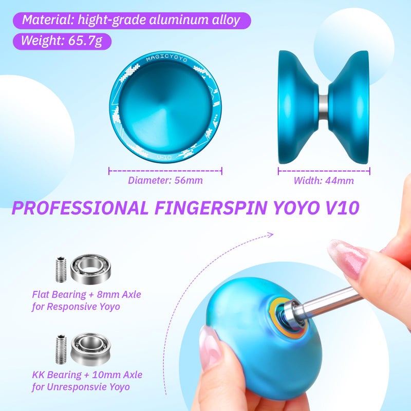 MAGICYOYO V10 Professional Finger Spin Yoyo for DNA Tricks, Metal Yoyo Professional with Responsive & Unresponsive Modes, Pro Trick Yo yo for Adults & Kids with Complete Yo-yo Accessories Kit (Blue) - Image 4