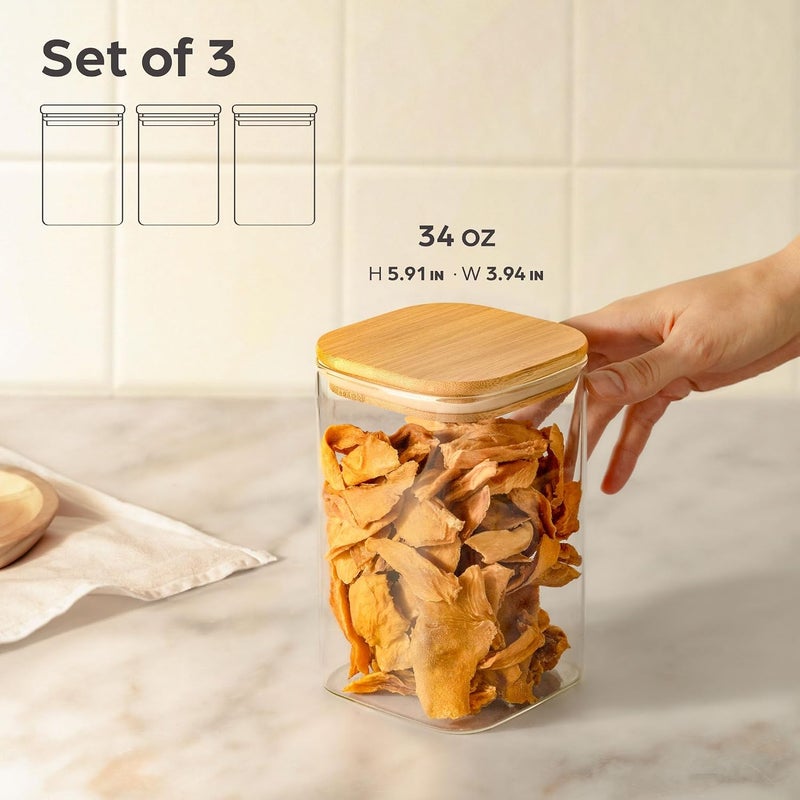 Praknu Glass Storage Jars with Lid - Set of 3 Square Jars - Airtight Bamboo Lids - 6 Seals - 1L - Dishwasher Safe - Image 2