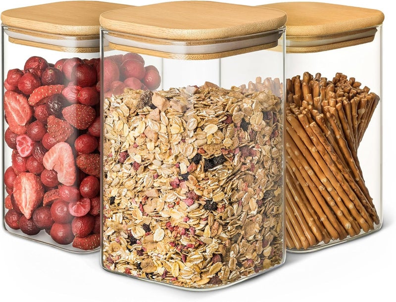 Praknu Glass Storage Jars with Lid - Set of 3 Square Jars - Airtight Bamboo Lids - 6 Seals - 1L - Dishwasher Safe - Image 1
