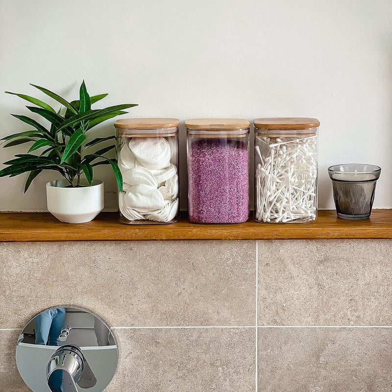 Praknu Glass Storage Jars with Lid - Set of 3 Square Jars - Airtight Bamboo Lids - 6 Seals - 1L - Dishwasher Safe - Image 5