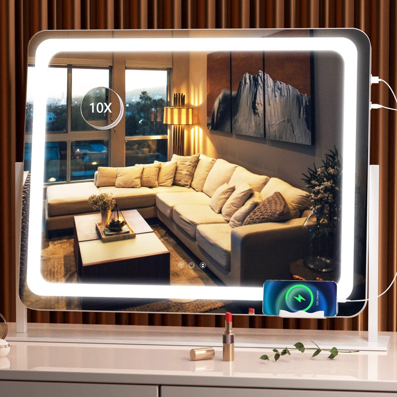 Hasipu Vanity Mirror with Lights 242 x 189 LED Make up Mirror Light up Mirror with 10X Magnification and USB Charging Port Phone Holder Smart Touch 3 Colors Dimmable 360 Rotation White