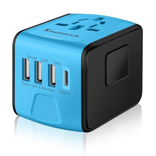 SAUNORCH Travel Adapter Worldwide, Universal International Power Plug Adapter W/2.4A 3xUSB-A and 3.0A Type-C Wall Charger, European Travel Plug Adapter for Europe UK EU US CA AU Italy Asia-Blue - Image 1