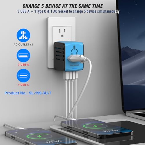 SAUNORCH Travel Adapter Worldwide, Universal International Power Plug Adapter W/2.4A 3xUSB-A and 3.0A Type-C Wall Charger, European Travel Plug Adapter for Europe UK EU US CA AU Italy Asia-Blue - Image 2