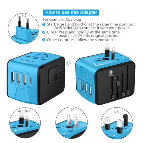 SAUNORCH Travel Adapter Worldwide, Universal International Power Plug Adapter W/2.4A 3xUSB-A and 3.0A Type-C Wall Charger, European Travel Plug Adapter for Europe UK EU US CA AU Italy Asia-Blue - Image 5