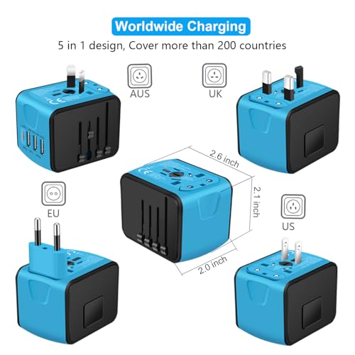 SAUNORCH Travel Adapter Worldwide, Universal International Power Plug Adapter W/2.4A 3xUSB-A and 3.0A Type-C Wall Charger, European Travel Plug Adapter for Europe UK EU US CA AU Italy Asia-Blue - Image 3