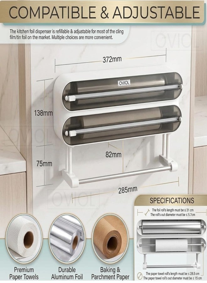 OVIOL Foil Paper Cutter and Holder, 3 in 1 Magnetic Aluminium Foil and Plastic Wrap Organizer with Paper Towel Holder, Compatible with Cling Film, Tin Foil and Wax Paper Dispenser (Opaque) - Image 2