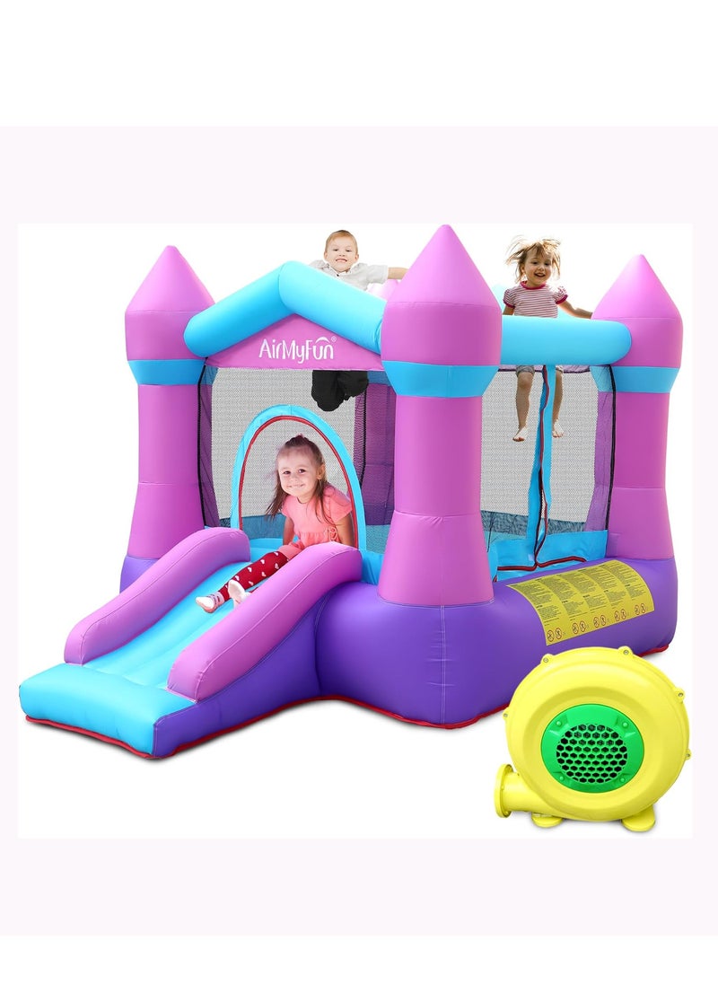 AirMyFun Inflatable Bouncer Jumping Castle - Bounce House with Slide and Safe Velcro Entrance Including 350W Blower, Bouncer Stakes, Carry Bag Indoor/Outdoor Bouncer with Double Sewn Beams, 82011B  - Image 1
