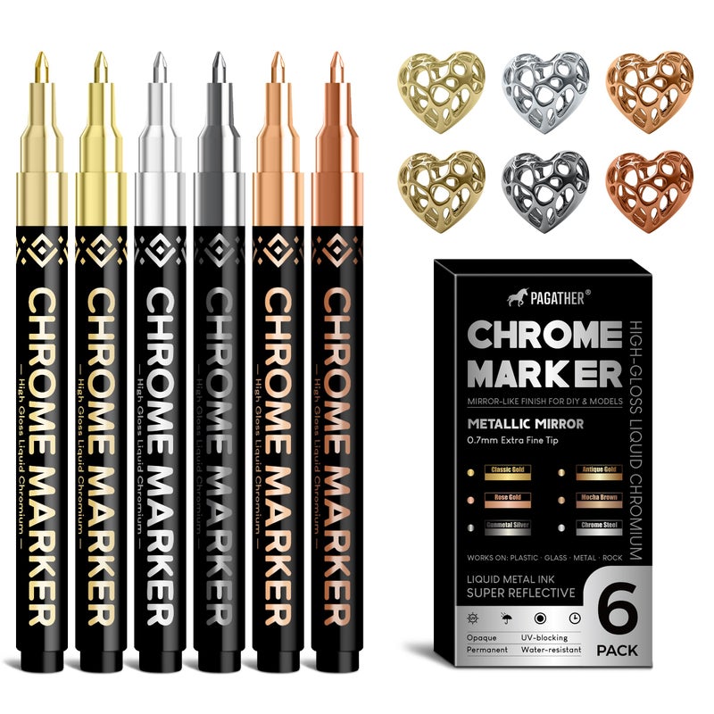 Pagather 6 Colors Chrome Paint Markers, Permanent Mirror Liquid Chrome Pens for Plastic, Metal, Model, Jewelry, Wheel Painting, Touch Up & Repair Kit, DIY Art Projects - Image 1