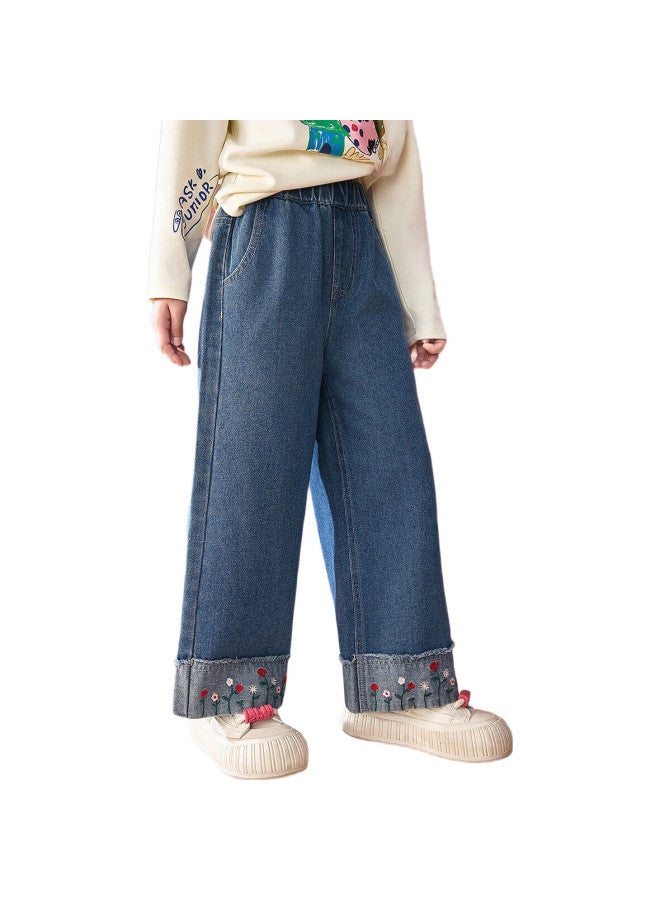 Ask Junior Girls' Spring Retro Water Washed Denim Jeans With Embroidery Casual Long Pants Blue 150 - Image 1