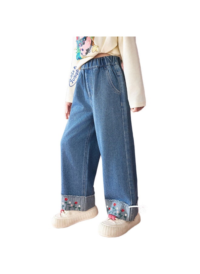 Ask Junior Girls' Spring Retro Water Washed Denim Jeans With Embroidery Casual Long Pants Blue 150 - Image 2