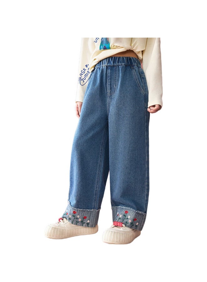 Ask Junior Girls' Spring Retro Water Washed Denim Jeans With Embroidery Casual Long Pants Blue 150 - Image 3