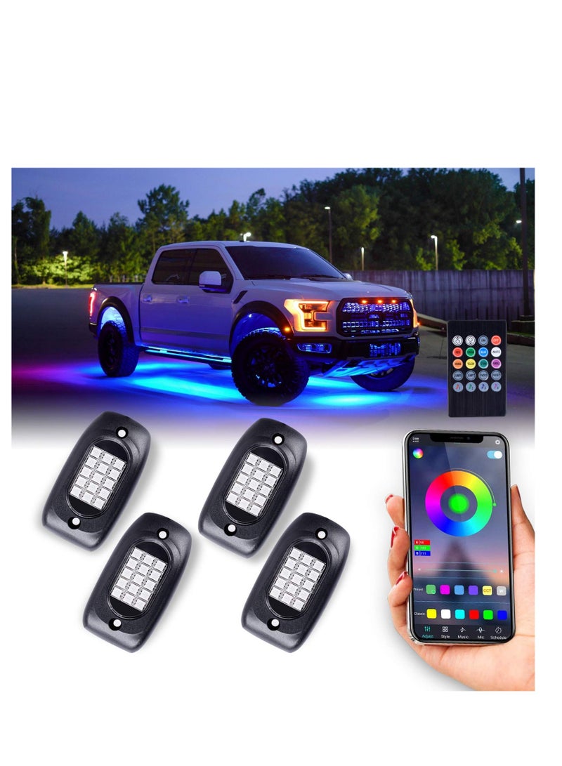 إسكدنيا Waterproof RGB LED Rock Lights 4Pcs Neon Underglow Lighting Kit with APP  Wireless Remote Control, Auto Wheel Exterior Underglow Lights Under Car Lights for SUV Truck AUTO Motorcycle - Image 1