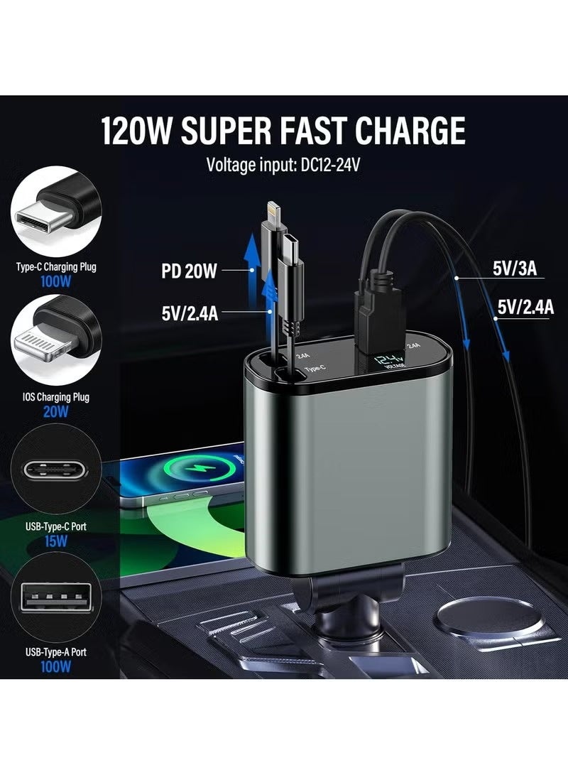120W retractable car charger, 4-in-1 car charger with retractable cables and voltage display, for 12V/24V vehicles - Image 2