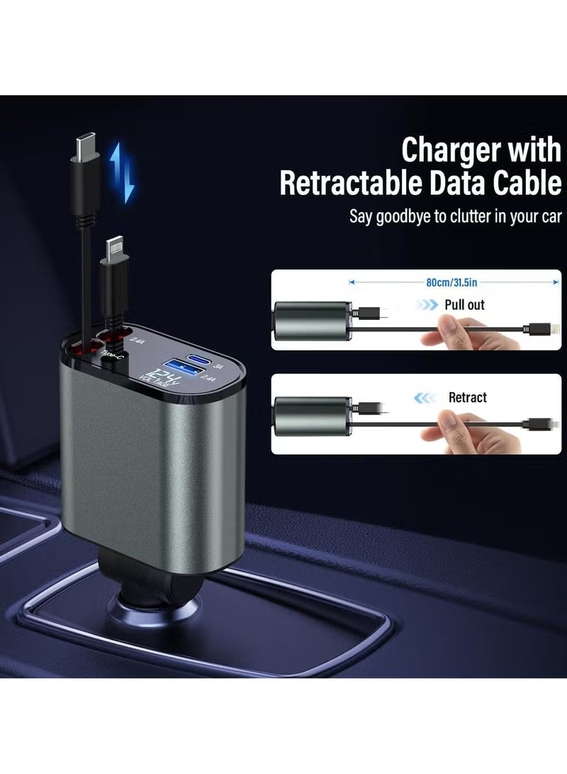 120W retractable car charger, 4-in-1 car charger with retractable cables and voltage display, for 12V/24V vehicles - Image 4