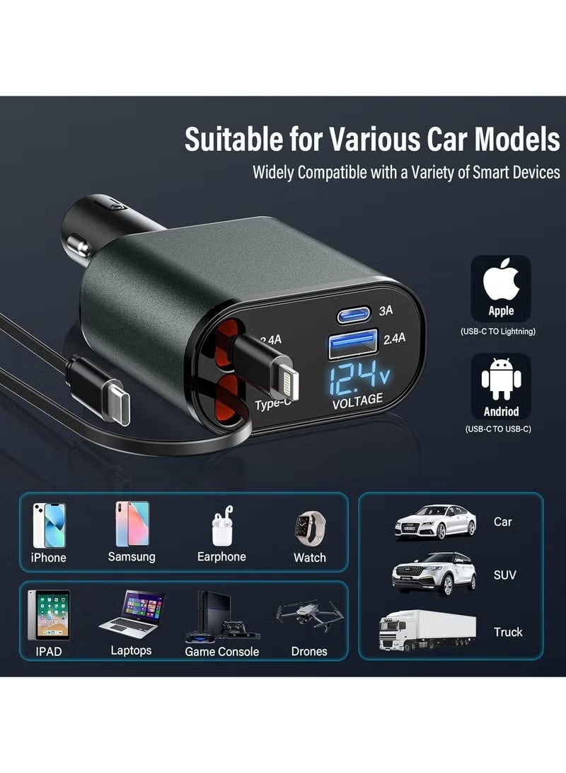 120W retractable car charger, 4-in-1 car charger with retractable cables and voltage display, for 12V/24V vehicles - Image 3