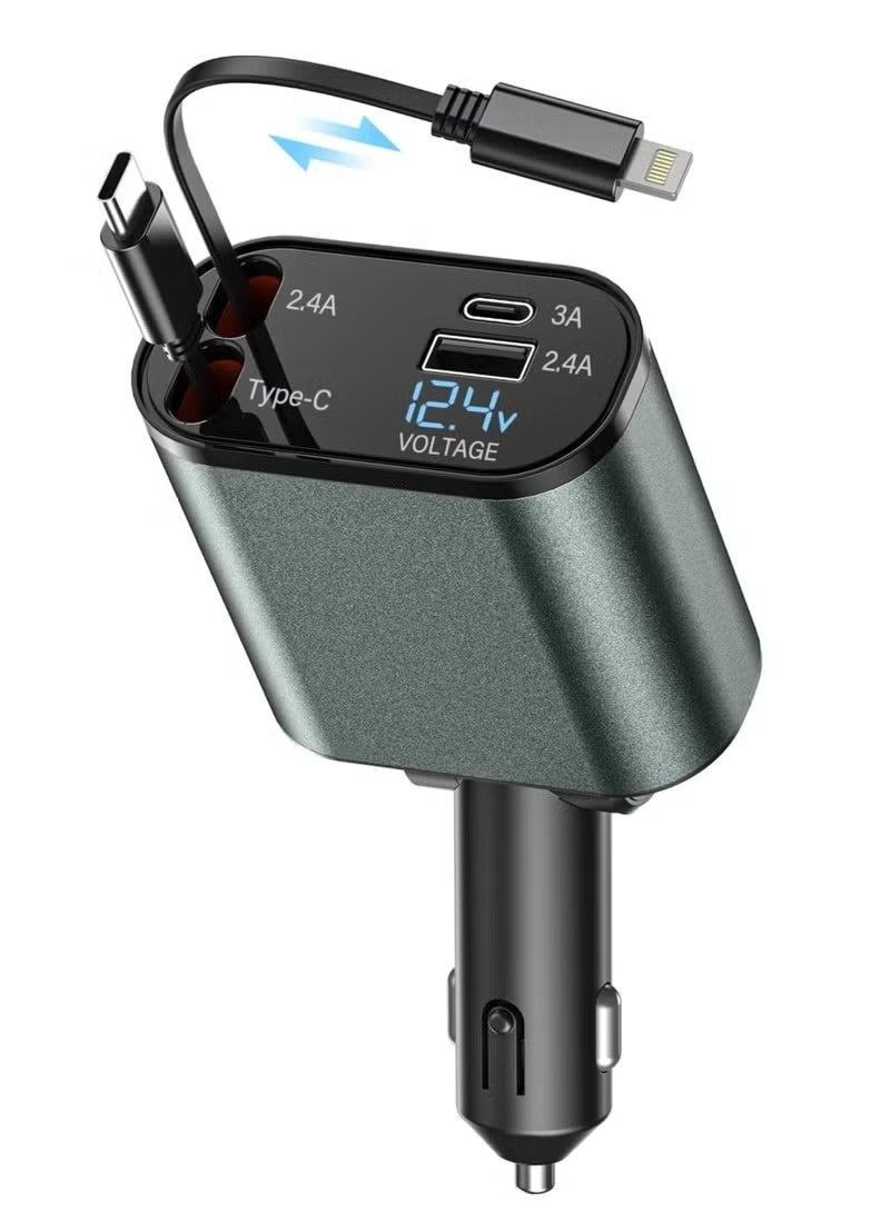 120W retractable car charger, 4-in-1 car charger with retractable cables and voltage display, for 12V/24V vehicles - Image 1