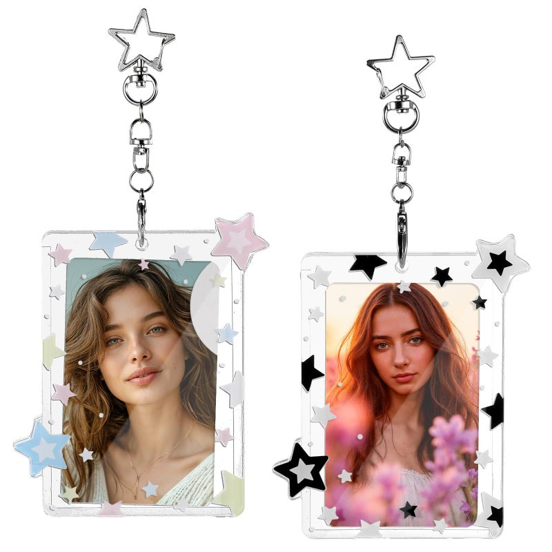 Tucnoeu 2 Pcs Star Photocard Holder Keychain, Portable Card Case Hard Protective Cover,Acrylic Cute Photocards Holder,Cute Clear Case for 2.75" Concert Photocard with Star Pendant for Idol Card Photo Album - Image 1