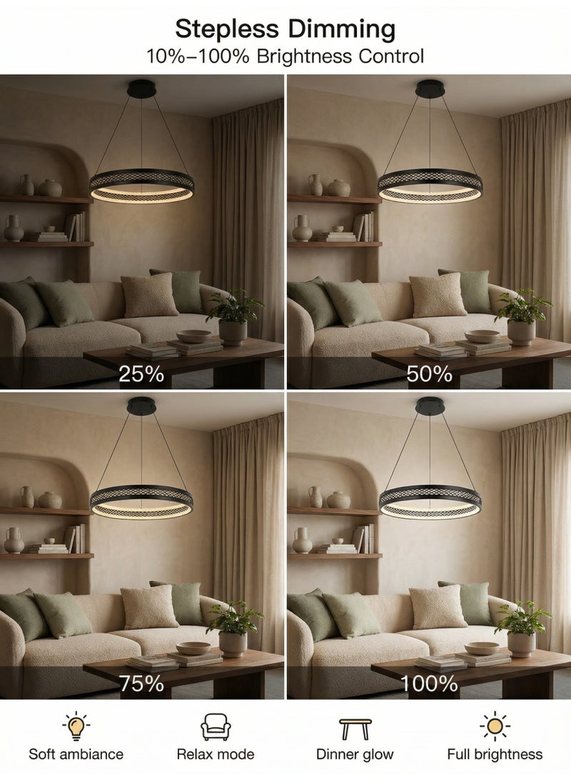 YATAI LIGHTING ثريا LED حديثة بحلقة واحدة، مصباح معلق أسود مع ديمينغ غير متقطع، حلقة من الحديد والكريستال الأكريليكي للإضاءة في غرفة المعيشة وغرفة الطعام وغرفة النوم، تحكم عن بعد - Image 4