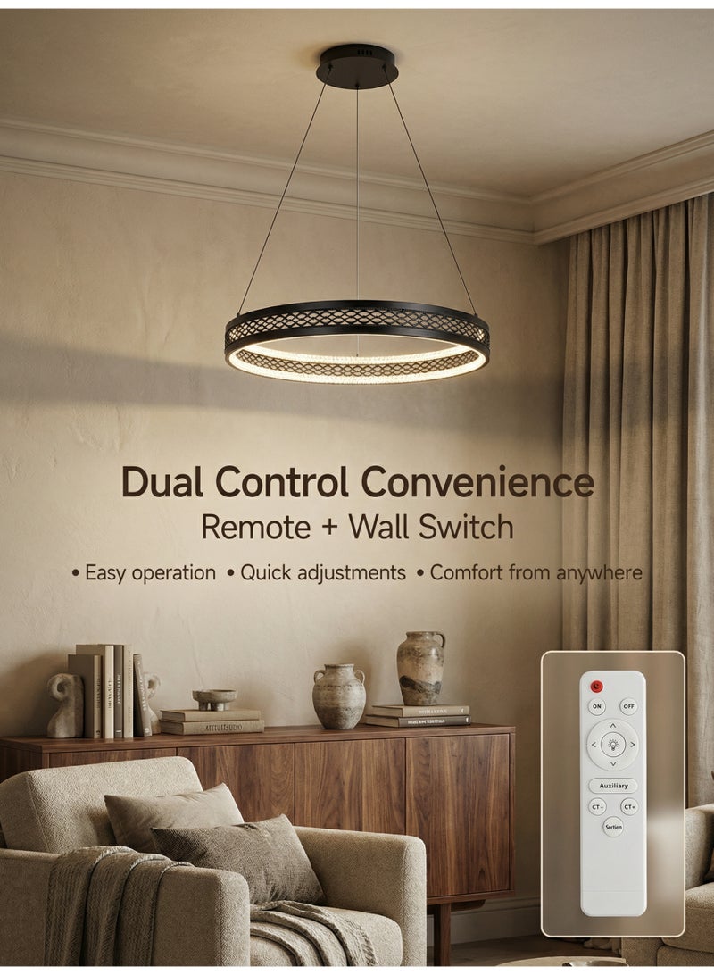 YATAI LIGHTING ثريا LED حديثة بحلقة واحدة، مصباح معلق أسود مع ديمينغ غير متقطع، حلقة من الحديد والكريستال الأكريليكي للإضاءة في غرفة المعيشة وغرفة الطعام وغرفة النوم، تحكم عن بعد - Image 5