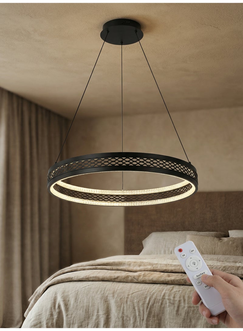 YATAI LIGHTING ثريا LED حديثة بحلقة واحدة، مصباح معلق أسود مع ديمينغ غير متقطع، حلقة من الحديد والكريستال الأكريليكي للإضاءة في غرفة المعيشة وغرفة الطعام وغرفة النوم، تحكم عن بعد - Image 1