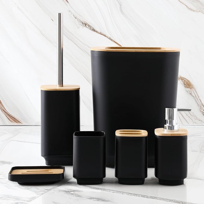 BATHROOM ACCESSORIES SET | 6 PIECE SOAP DISPENSER FOR BATHROOM TOOTH BRUSH HOLDER | SOAP DISH MOUTH WASH CUP TOILET BRUSH TOILET BRUSH HOLDER | FOR BATHROOM | BLACK (SET OF 6)