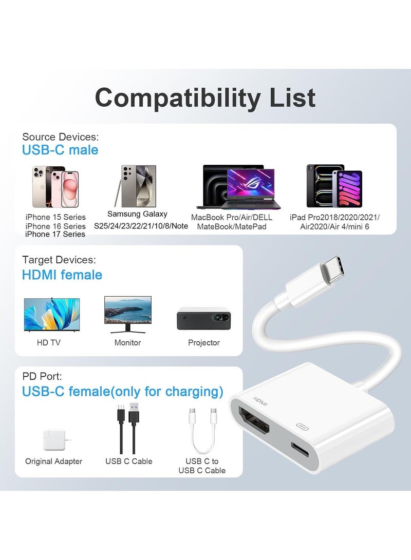 USB C to HDMI Adapter for iPhone 17 16 15 to TV, USB-C Digital AV Adapter 4K Sync Screen Connector Cable with Fast Charging Plug & Play for iPhone 17 15/16 Pro/Max,MacBook Pro/Air,iPad Pro - Image 3