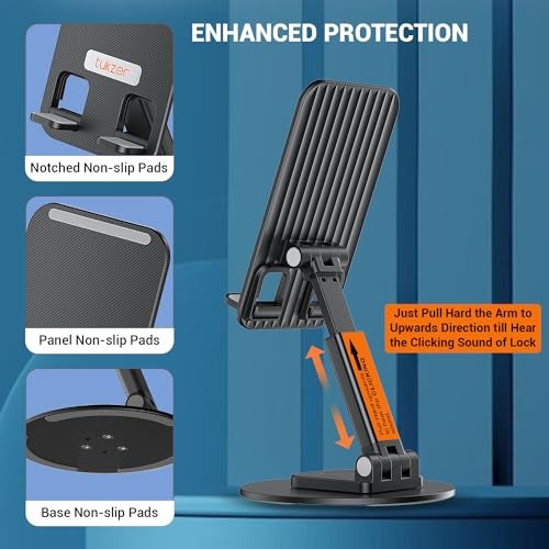 Tukzer Foldable Tablet Stand Mobile Holder with 360° Swivel Base| Multilevel Angle & Height Adjustment|Solid Structure, Sturdy & Heavy Metal Base| for Up to 12 Inch Screen Devices, iPad iPhone (Black) - Image 2