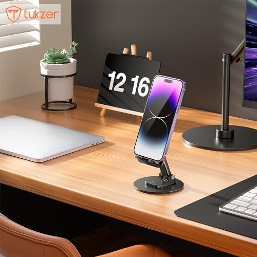 Tukzer Foldable Tablet Stand Mobile Holder with 360° Swivel Base| Multilevel Angle & Height Adjustment|Solid Structure, Sturdy & Heavy Metal Base| for Up to 12 Inch Screen Devices, iPad iPhone (Black) - Image 5