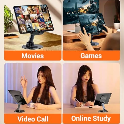 Tukzer Foldable Tablet Stand Mobile Holder with 360° Swivel Base| Multilevel Angle & Height Adjustment|Solid Structure, Sturdy & Heavy Metal Base| for Up to 12 Inch Screen Devices, iPad iPhone (Black) - Image 4