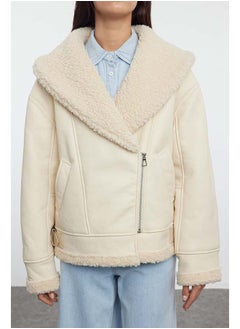 trendyol Ecru Plush Detailed Faux Leather Biker Jacket Coat TWOAW25MO00037  - Image 3