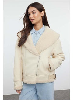 trendyol Ecru Plush Detailed Faux Leather Biker Jacket Coat TWOAW25MO00037  - Image 2