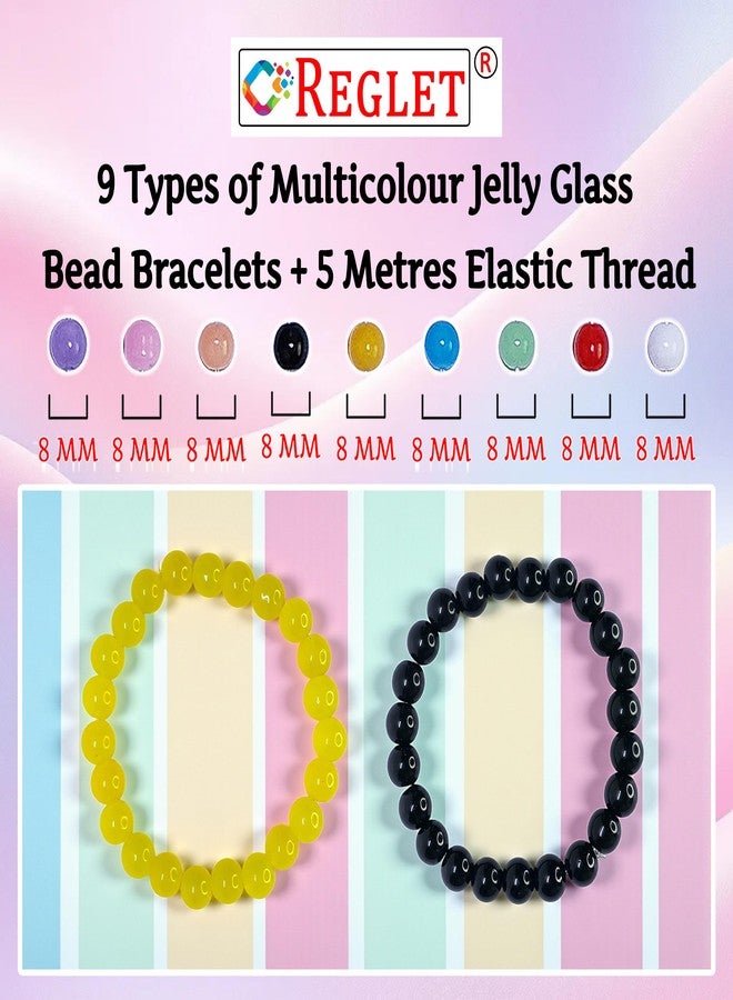 REGLET Pack of 9 - Jelly Glass Bead Bracelet Set - Mullticolour - Stretchable Bracelets for Women, Girls Stylish - Adjustable - Bead Size 8mm - Image 3