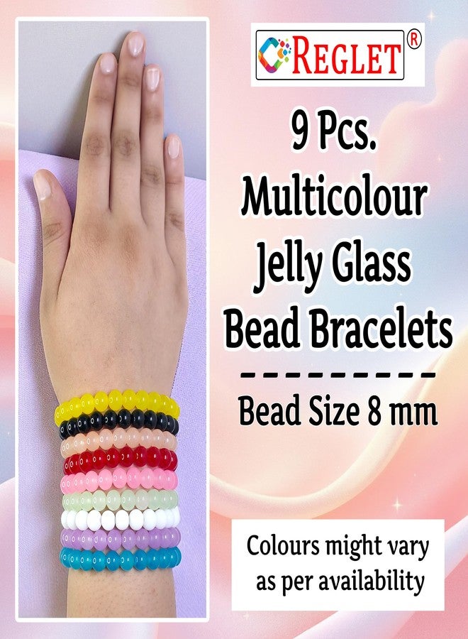 REGLET Pack of 9 - Jelly Glass Bead Bracelet Set - Mullticolour - Stretchable Bracelets for Women, Girls Stylish - Adjustable - Bead Size 8mm - Image 2