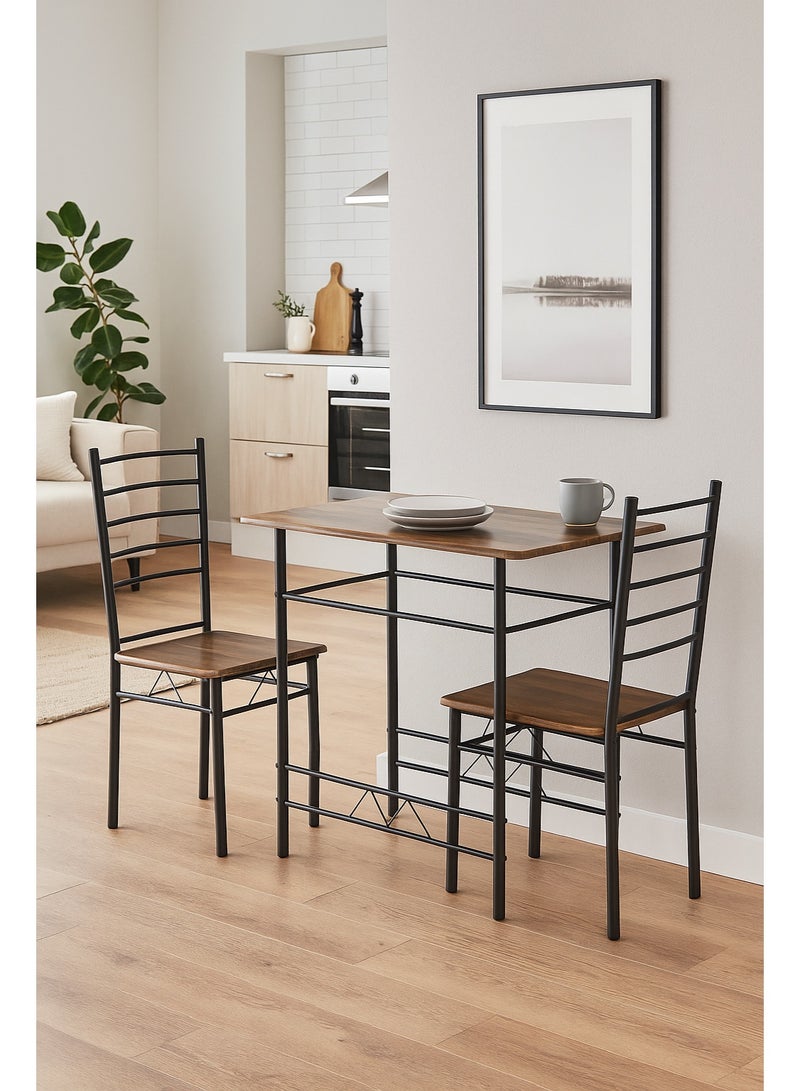 AFT 2-Seater Dining Table Set with 2 Chairs – Coffee Brown wood Finish Top & Black Metal Frame, Compact Dining Room Furniture, Table Size 80×48×75 cm, Chair Size 38×37×90 cm - Image 1