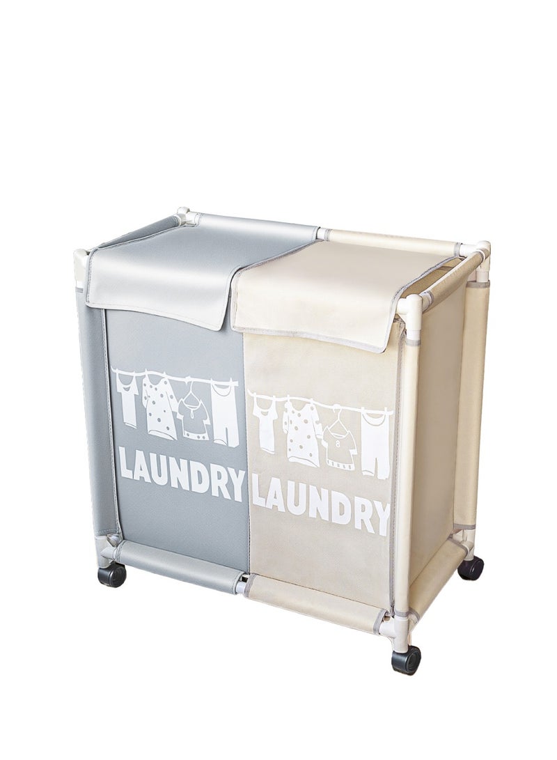 2-Section Laundry Basket with Wheels White/Grey - Image 1