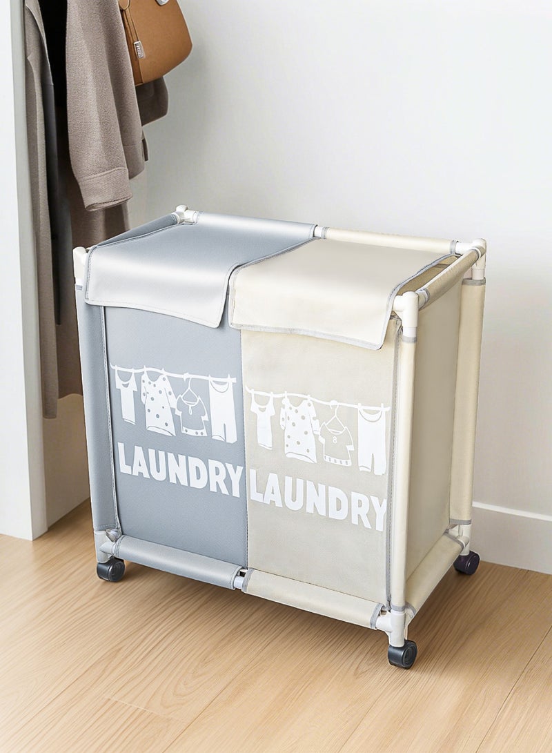 2-Section Laundry Basket with Wheels White/Grey - Image 2