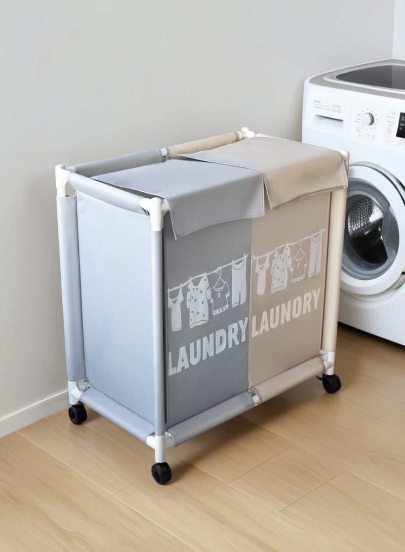 2-Section Laundry Basket with Wheels White/Grey - Image 3
