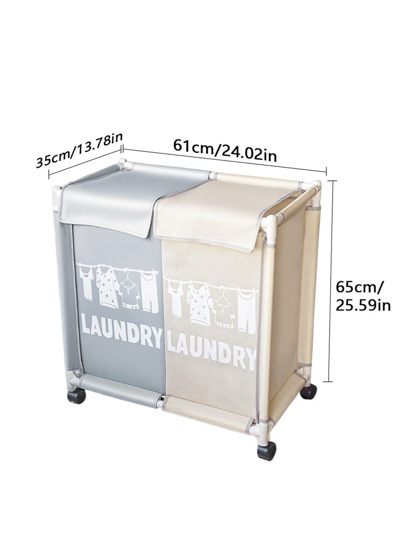 2-Section Laundry Basket with Wheels White/Grey - Image 4