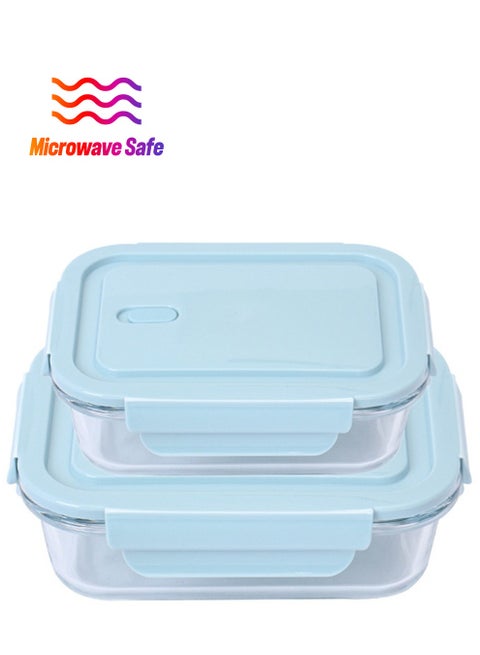 2-Piece Borosilicate Glass Food Container Lunch box Set 410ml and 640ml Blue/Clear
