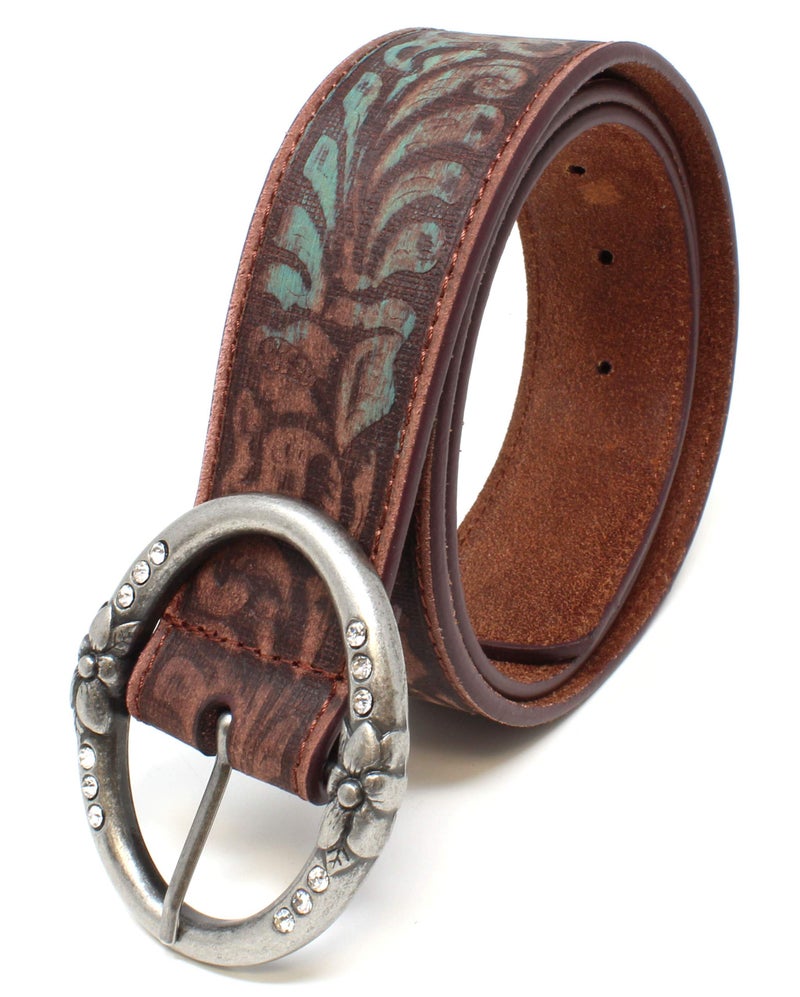 BC Belts Distress Embossed Brown and Teal Leather Belt with Rhinestone Ring Buckle (L) - Image 4