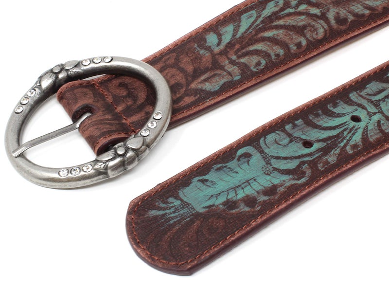 BC Belts Distress Embossed Brown and Teal Leather Belt with Rhinestone Ring Buckle (L) - Image 2