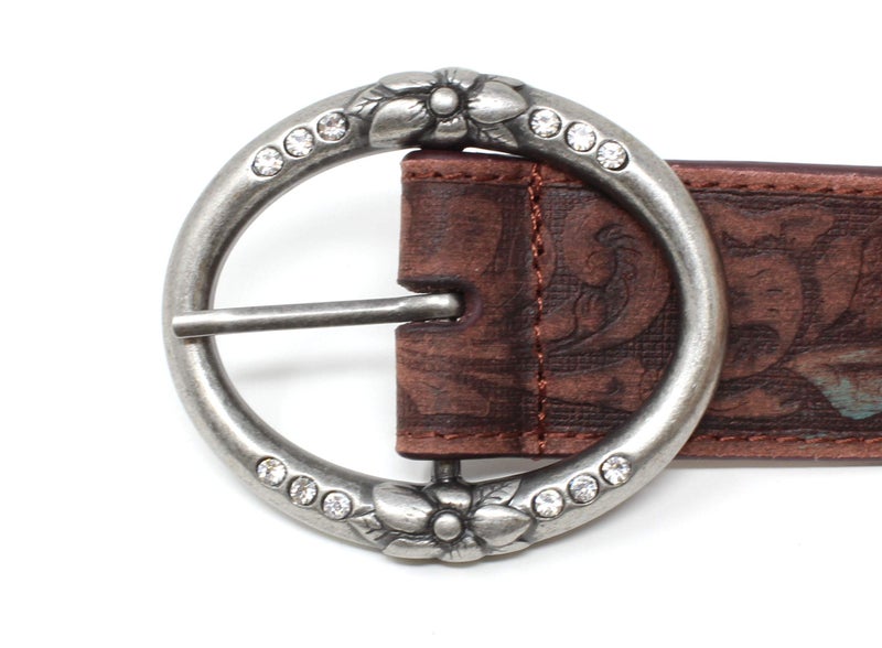 BC Belts Distress Embossed Brown and Teal Leather Belt with Rhinestone Ring Buckle (L) - Image 3