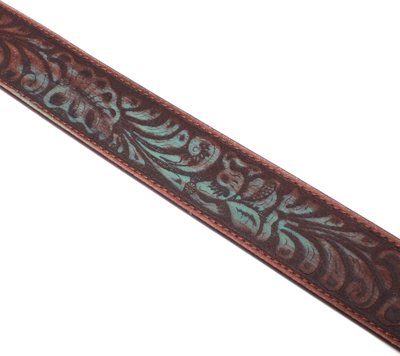 BC Belts Distress Embossed Brown and Teal Leather Belt with Rhinestone Ring Buckle (L) - Image 5