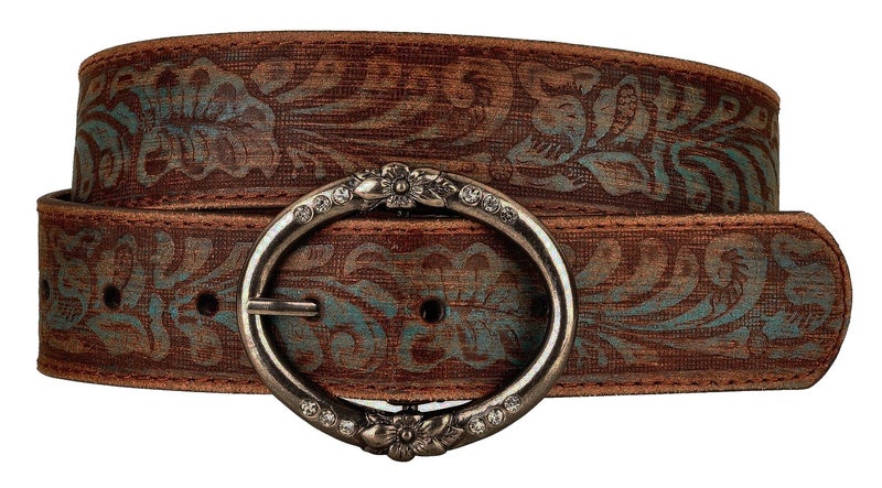BC Belts Distress Embossed Brown and Teal Leather Belt with Rhinestone Ring Buckle (L) - Image 1