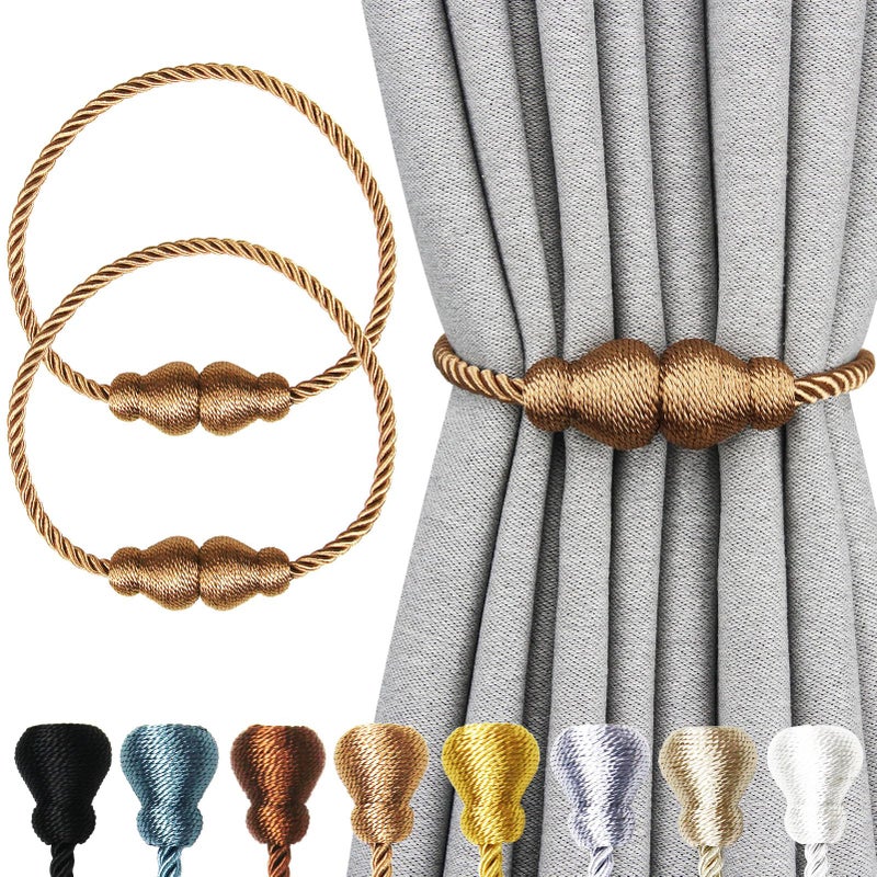 Nieffeiy Magnetic Curtain Tiebacks Outdoor Curtain Tie Backs Rope Decorative Magnetic Curtain Holders for Drapes Window Treatment Holdbacks, Khaki 2Pack - Image 1