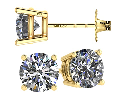 Central Diamond Center أقراط دراسات CZ بأربعة مخالب من الذهب الصلب عيار 14 قيراط وفضة استرلينية - مطلية بالذهب الأصفر - 5.50 مم - 1.50 قيراط - Image 1