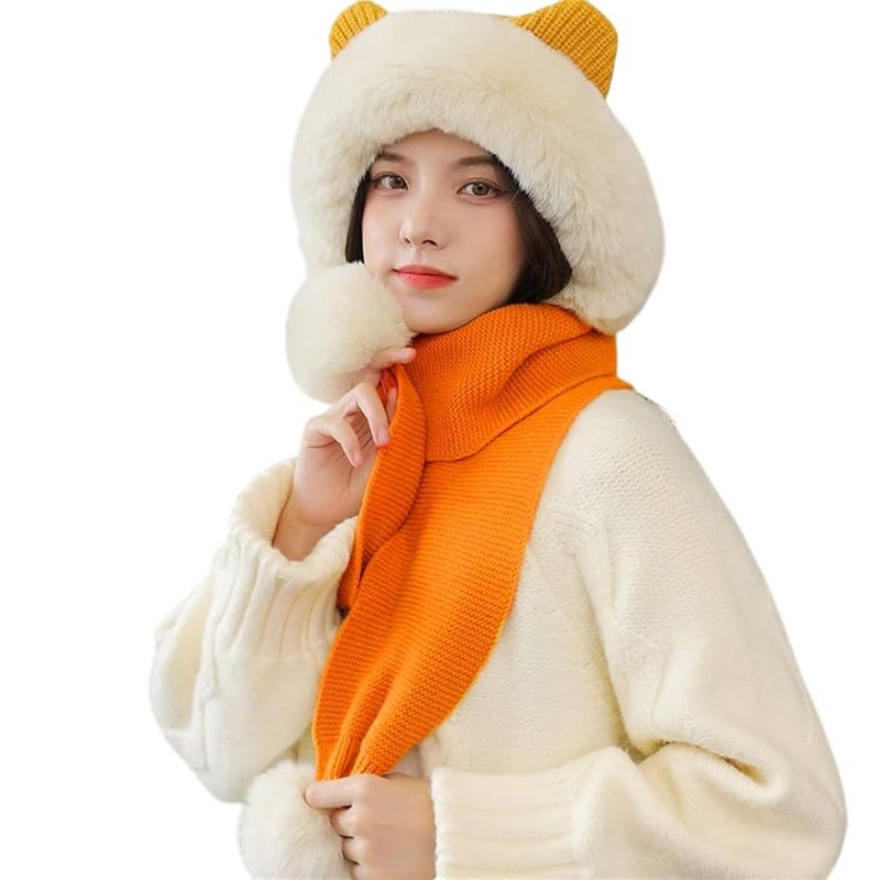 Richmen Winter Cap for Women Woolen Cap Attached with Mufflers for Girls & Ladies Stylish Soft Knitted Fleece Lined Pom-Pom Hat Warm Caps for Women Winter Wear - Image 1