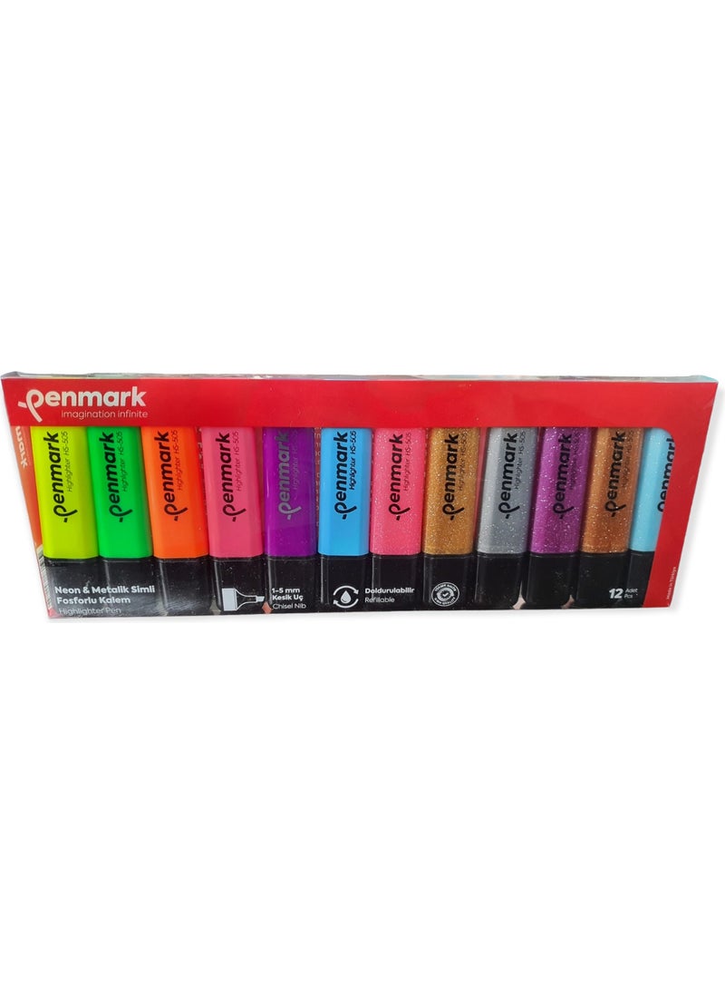PENMARK - Highlighter Set Neon & Metallic Glitter 12 Pack - Image 1